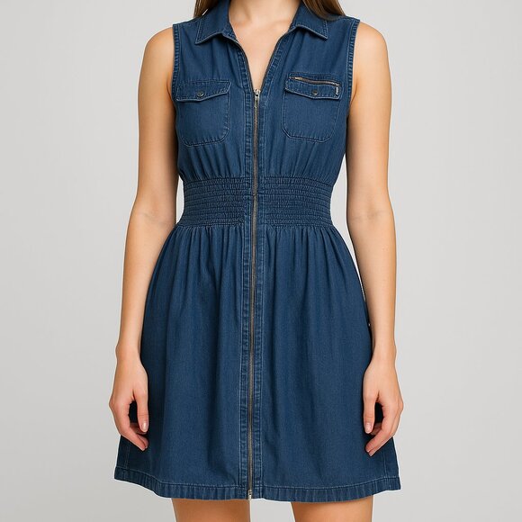 J Gee Denim Skater Dress Full Zipper Smocked Waist Chest Flap Pockets Cotton PXL - Picture 1 of 12